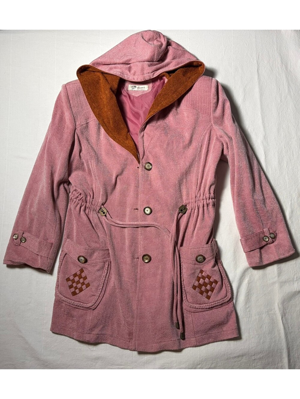 Vintage Pink Hooded Jacket Brown Trim Button Front Cinched Waist Women’s